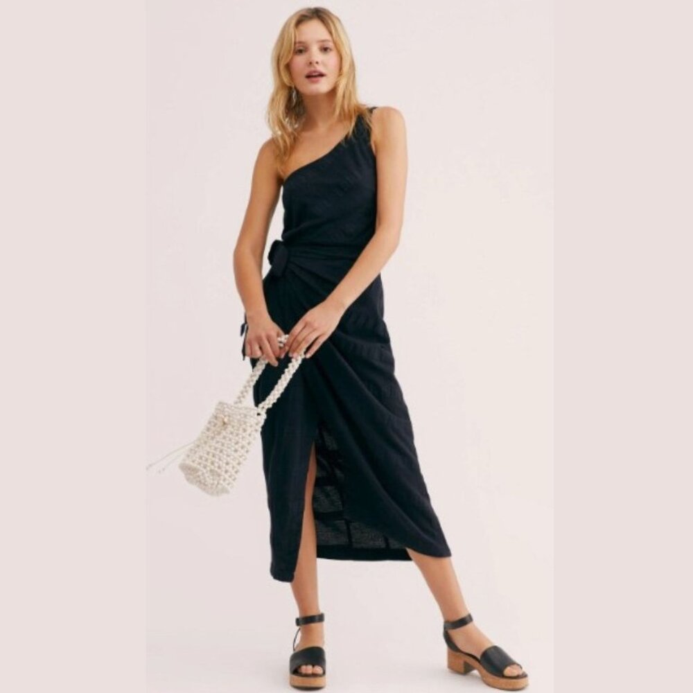 Free People Endless Summer Black One-Shoulder Wrap Midi Dress - SZ‎ M - NWT
